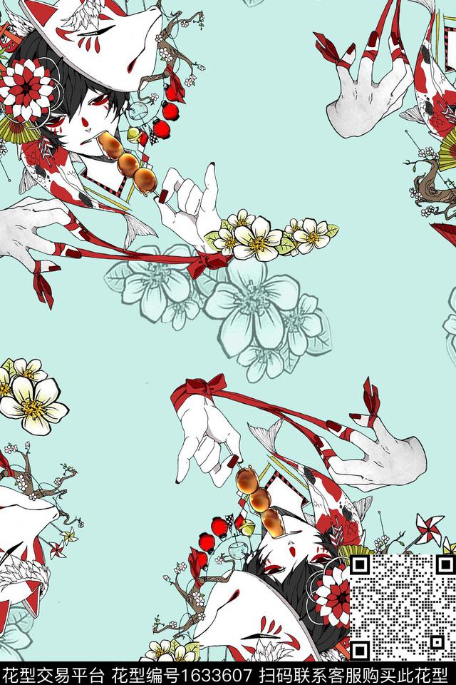 花卉人物日系漫画数码印花华亿平台下载（图片编号: 1633607） - 瓦栏（Walan）