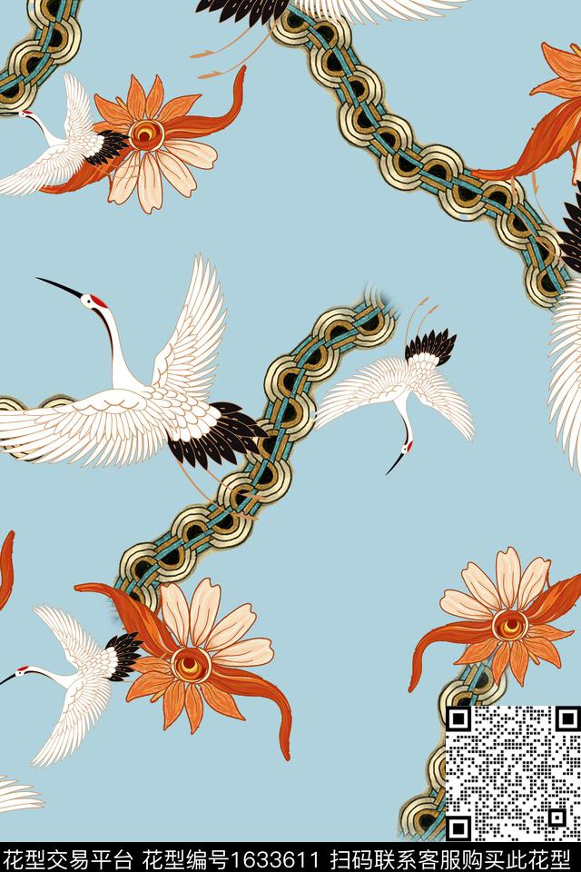 花卉仙鹤跳接数码印花华亿平台下载（图片编号: 1633611） - 瓦栏（Walan）