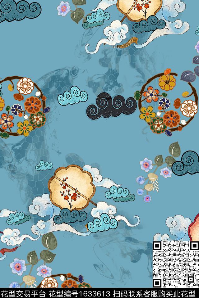 中国风团扇祥云数码印花华亿平台下载（图片编号: 1633613） - 瓦栏（Walan）