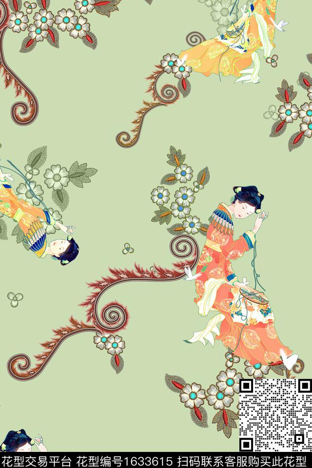 中国风人物卷草数码印花华亿平台下载（图片编号: 1633615） - 瓦栏（Walan）