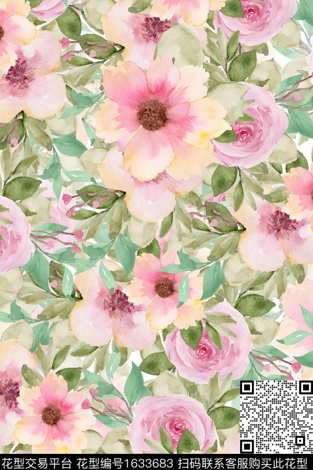 花卉水彩花卉满版散花数码印花华亿平台下载（图片编号: 1633683） - 瓦栏（Walan）