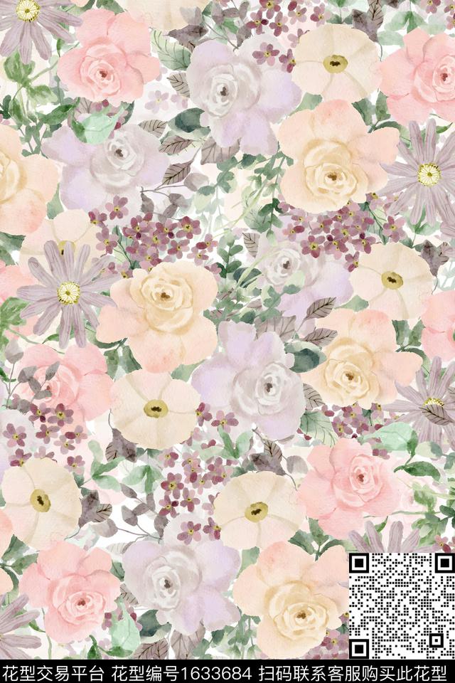 花卉水彩花卉满版散花数码印花华亿平台下载（图片编号: 1633684） - 瓦栏（Walan）