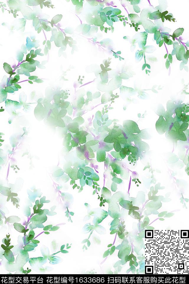 小清新水彩植物数码印花华亿平台下载（图片编号: 1633686） - 瓦栏（Walan）