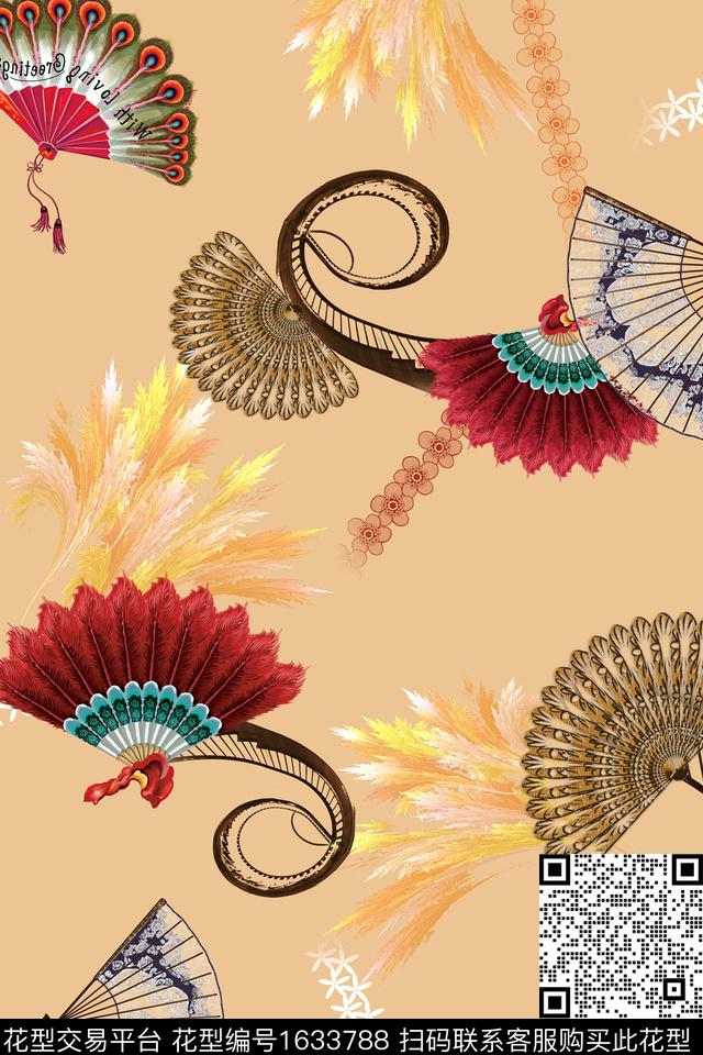 中国风扇子旗袍数码印花华亿平台下载（图片编号: 1633788） - 瓦栏（Walan）