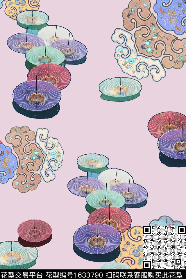 中国风纸伞祥云数码印花华亿平台下载（图片编号: 1633790） - 瓦栏（Walan）