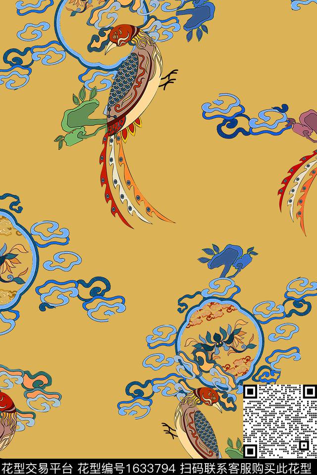 中国风鸟传统纹样数码印花华亿平台下载（图片编号: 1633794） - 瓦栏（Walan）
