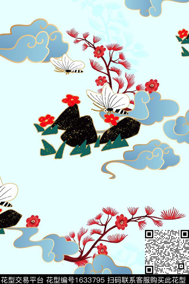 中国风祥云蝴蝶数码印花华亿平台下载（图片编号: 1633795） - 瓦栏（Walan）