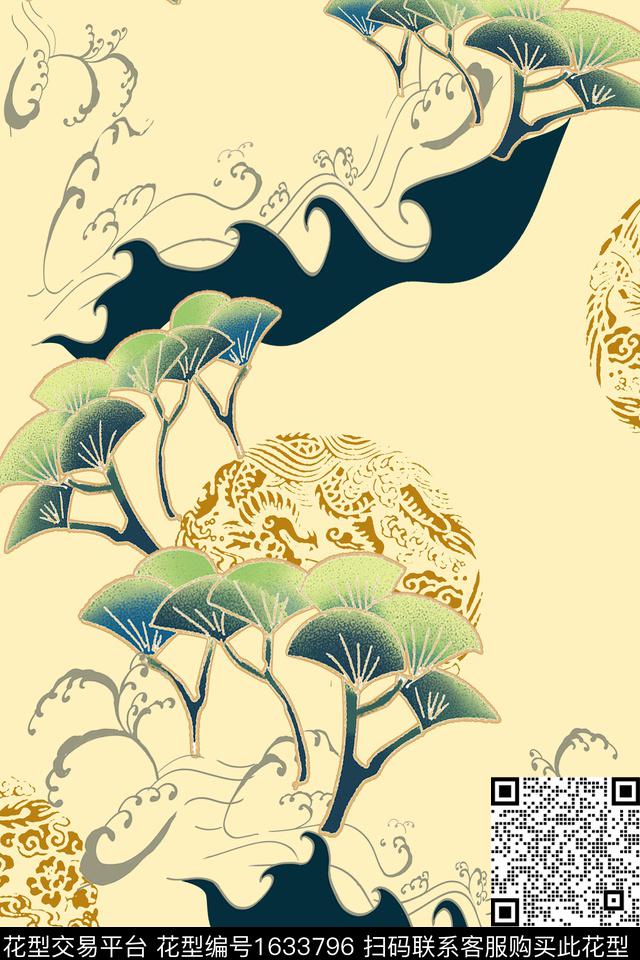 中国风叶子跳接数码印花华亿平台下载（图片编号: 1633796） - 瓦栏（Walan）