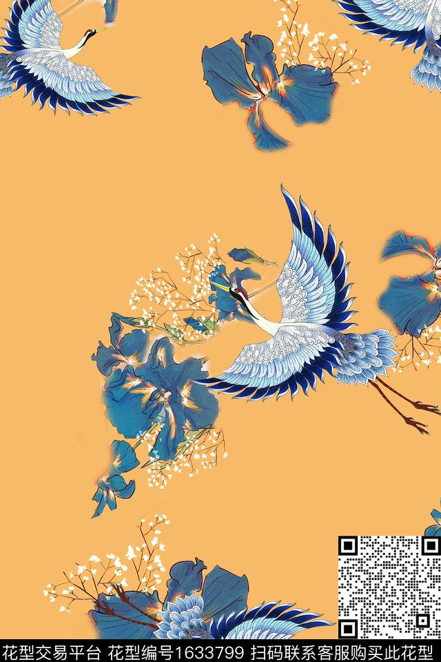 中国风仙鹤花卉数码印花华亿平台下载（图片编号: 1633799） - 瓦栏（Walan）