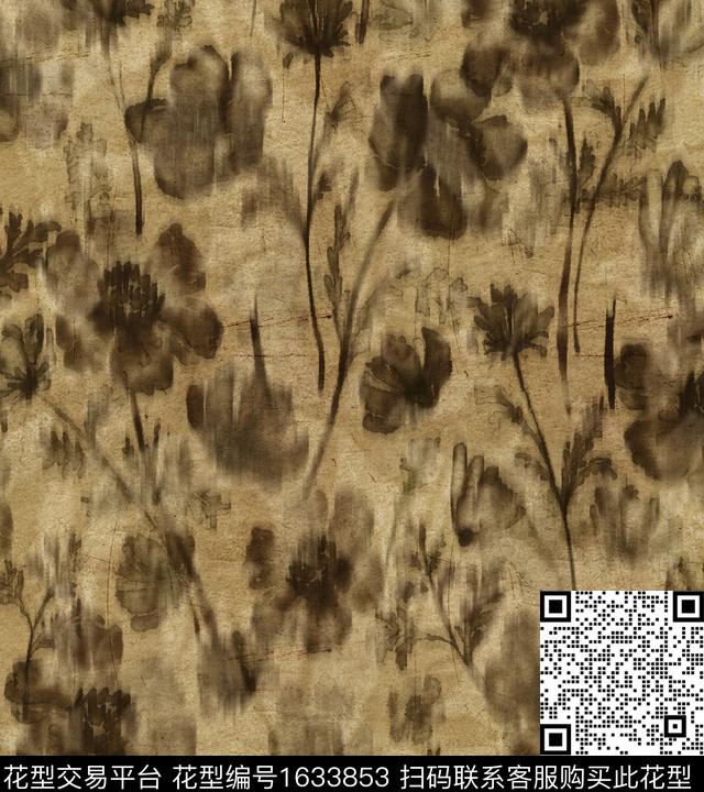 黑底花卉抽象花卉水彩数码印花华亿平台下载（图片编号: 1633853） - 瓦栏（Walan）