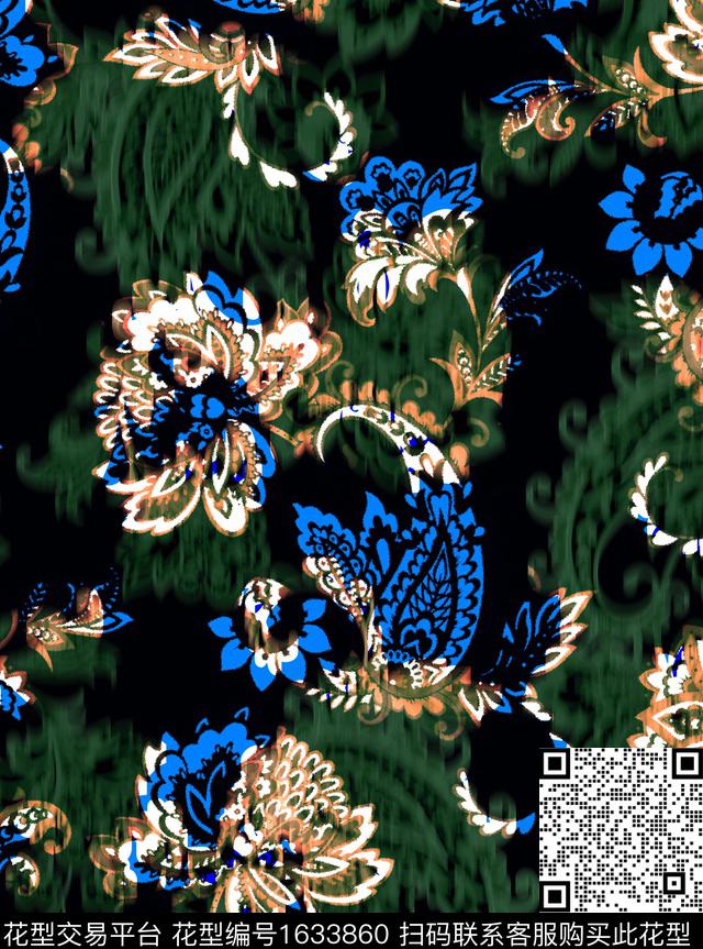 黑底花卉抽象花卉水彩数码印花华亿平台下载（图片编号: 1633860） - 瓦栏（Walan）