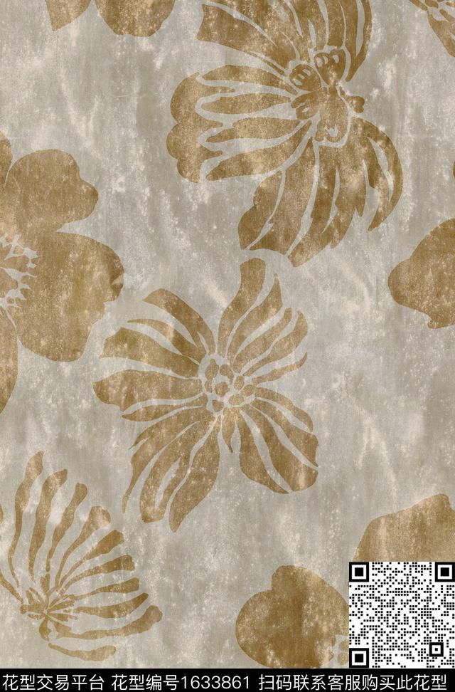 黑底花卉抽象花卉水彩数码印花华亿平台下载（图片编号: 1633861） - 瓦栏（Walan）