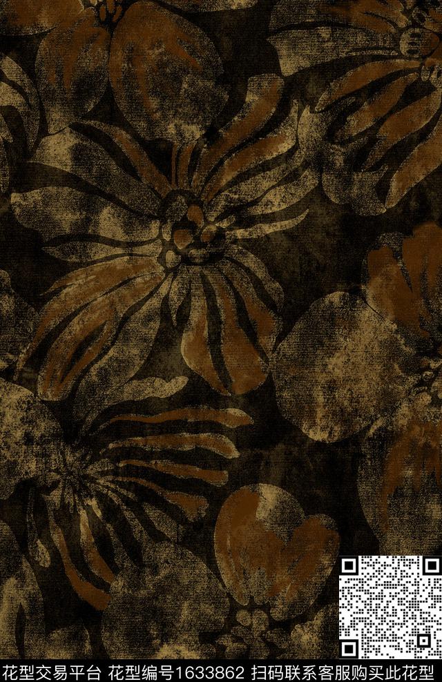 黑底花卉抽象花卉水彩数码印花华亿平台下载（图片编号: 1633862） - 瓦栏（Walan）