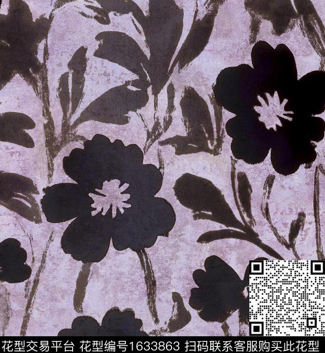黑底花卉抽象花卉水彩数码印花华亿平台下载（图片编号: 1633863） - 瓦栏（Walan）