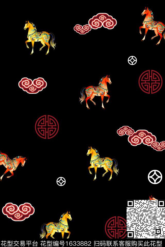 马中国风复古数码印花华亿平台下载（图片编号: 1633882） - 瓦栏（Walan）