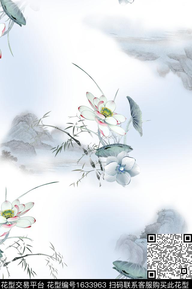 中国风水彩荷花数码印花华亿平台下载（图片编号: 1633963） - 瓦栏（Walan）