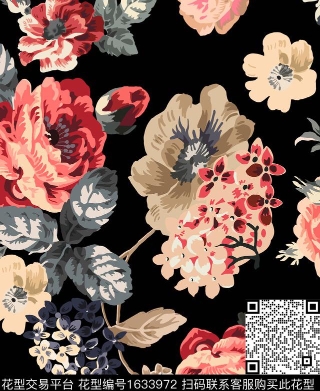 复古花卉黑底花卉传统印花华亿平台下载（图片编号: 1633972） - 瓦栏（Walan）
