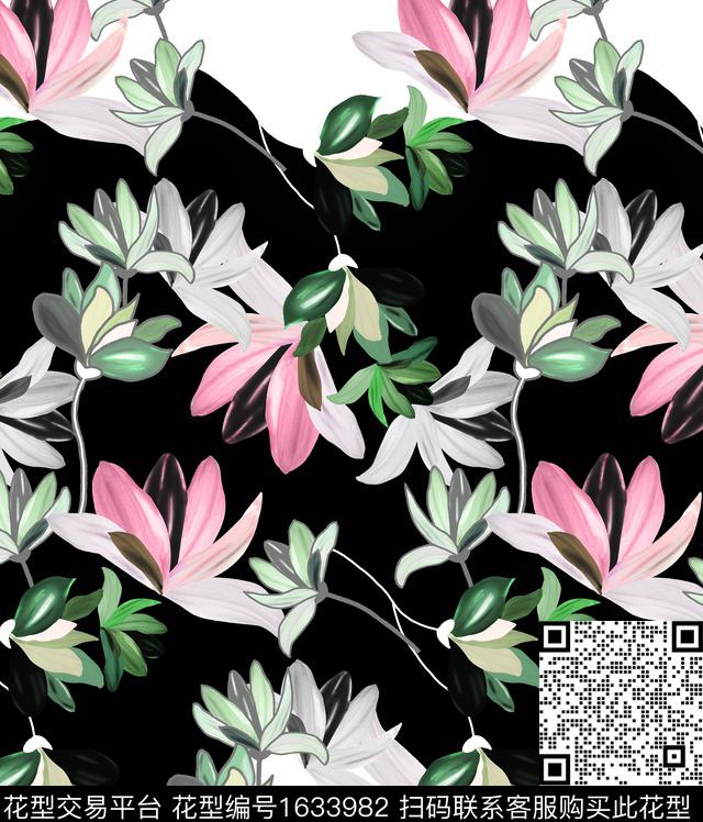 花卉黑白背景数码印花华亿平台下载（图片编号: 1633982） - 瓦栏（Walan）