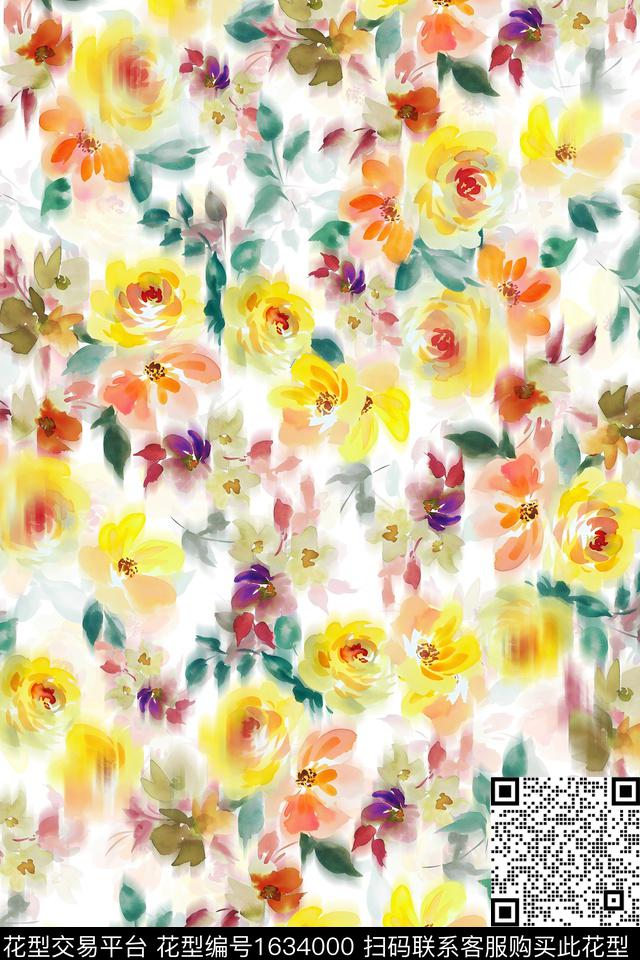 花卉水彩花卉模糊花卉数码印花华亿平台下载（图片编号: 1634000） - 瓦栏（Walan）