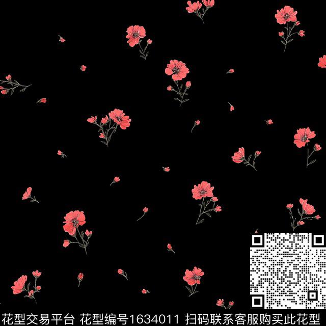 花卉小碎花黑底花卉数码印花华亿平台下载（图片编号: 1634011） - 瓦栏（Walan）
