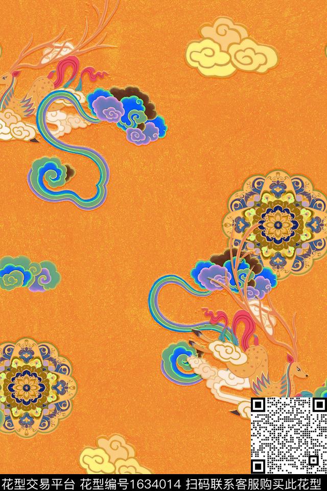 中国风鹿祥云数码印花华亿平台下载（图片编号: 1634014） - 瓦栏（Walan）