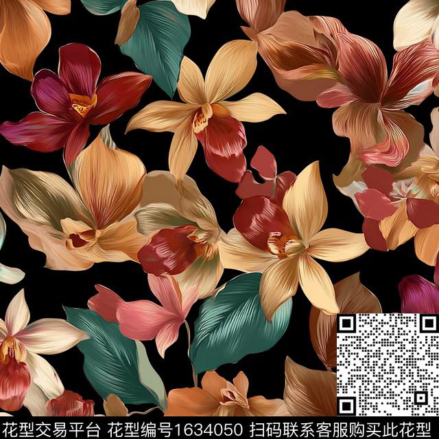 花卉抽象花卉黑底花卉数码印花华亿平台下载（图片编号: 1634050） - 瓦栏（Walan）