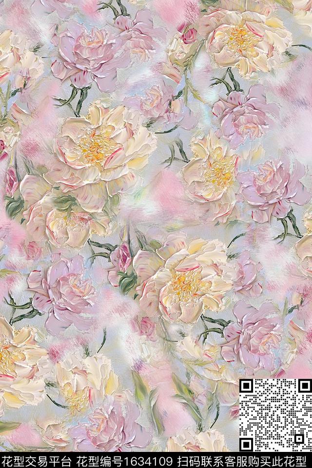 花卉油画华亿平台肌理数码印花华亿平台下载（图片编号: 1634109） - 瓦栏（Walan）