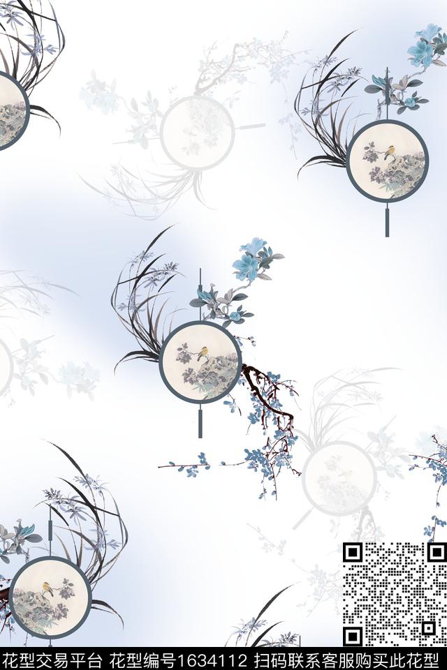 中国风团扇跳接数码印花华亿平台下载（图片编号: 1634112） - 瓦栏（Walan）