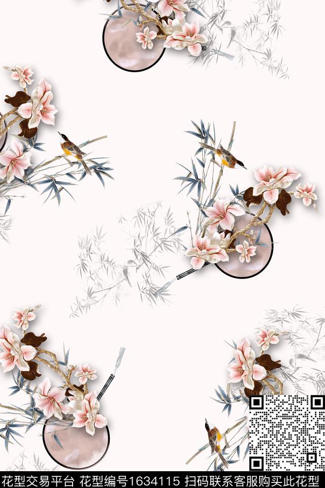 中国风团扇跳接数码印花华亿平台下载（图片编号: 1634115） - 瓦栏（Walan）