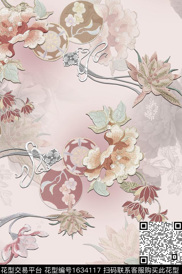中国风花卉仿刺绣数码印花华亿平台下载（图片编号: 1634117） - 瓦栏（Walan）