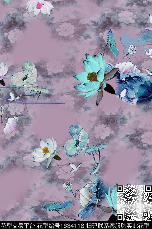 花卉中老年荷花数码印花华亿平台下载（图片编号: 1634118） - 瓦栏（Walan）