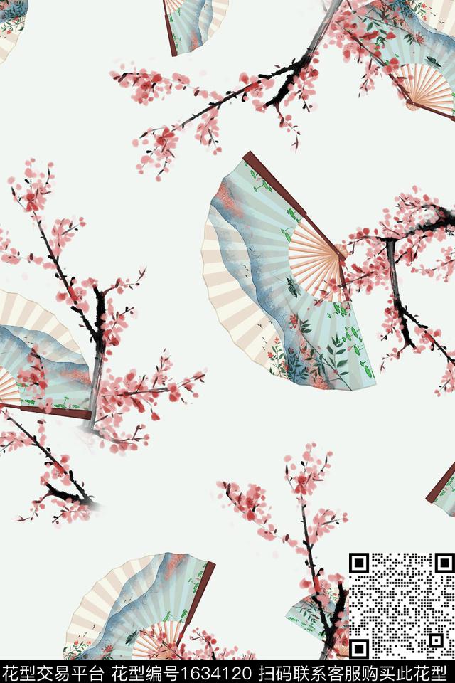 扇子跳接中国风数码印花华亿平台下载（图片编号: 1634120） - 瓦栏（Walan）