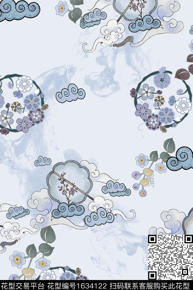 中国风花卉祥云数码印花华亿平台下载（图片编号: 1634122） - 瓦栏（Walan）