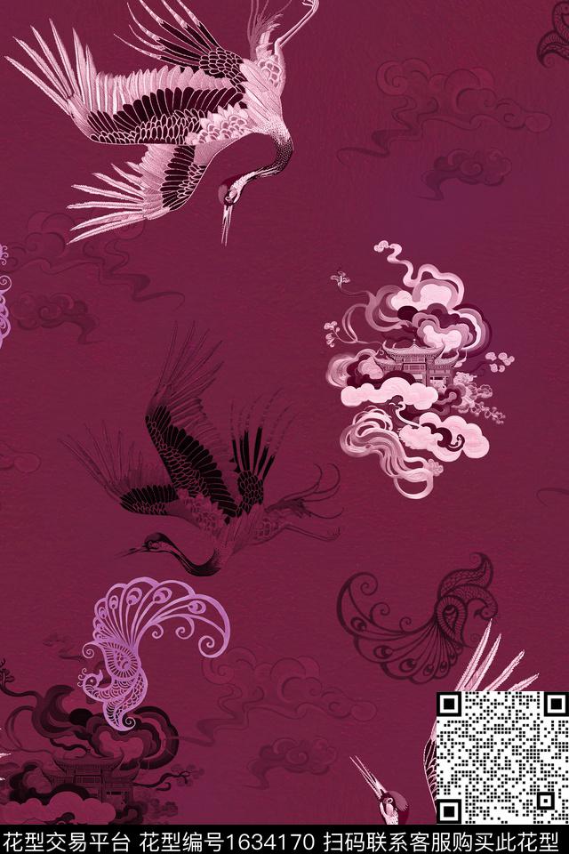 中国风祥云仙鹤数码印花华亿平台下载（图片编号: 1634170） - 瓦栏（Walan）