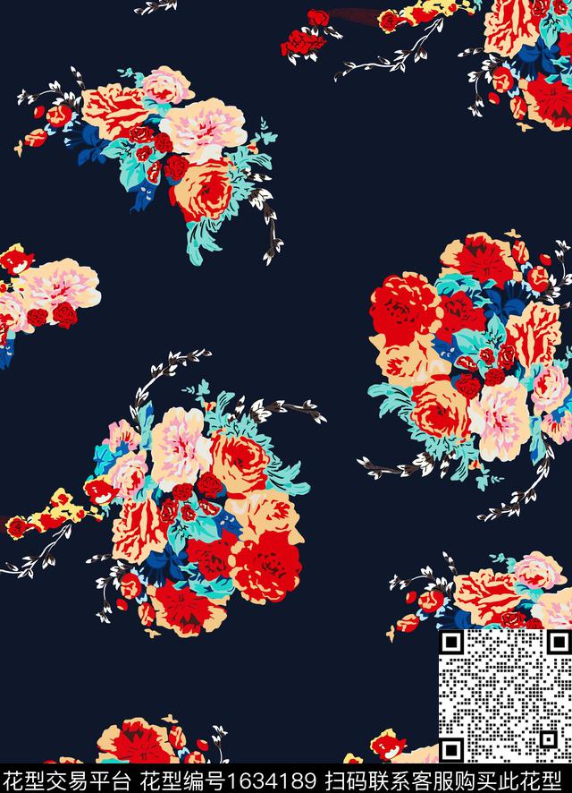 簇状花束深蓝底纹花卉传统印花华亿平台下载（图片编号: 1634189） - 瓦栏（Walan）
