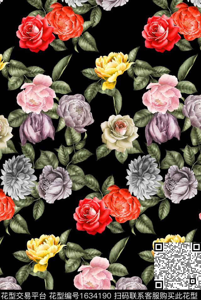 花卉水彩花卉月季花数码印花华亿平台下载（图片编号: 1634190） - 瓦栏（Walan）
