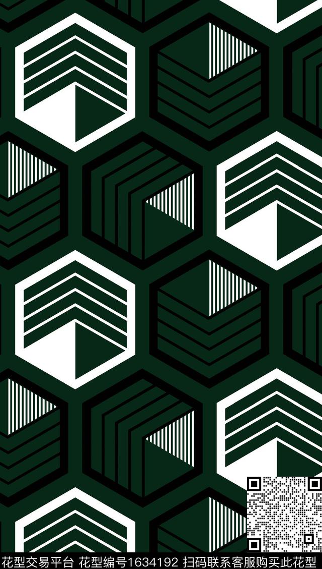 几何六边形墨绿色调传统印花华亿平台下载（图片编号: 1634192） - 瓦栏（Walan）