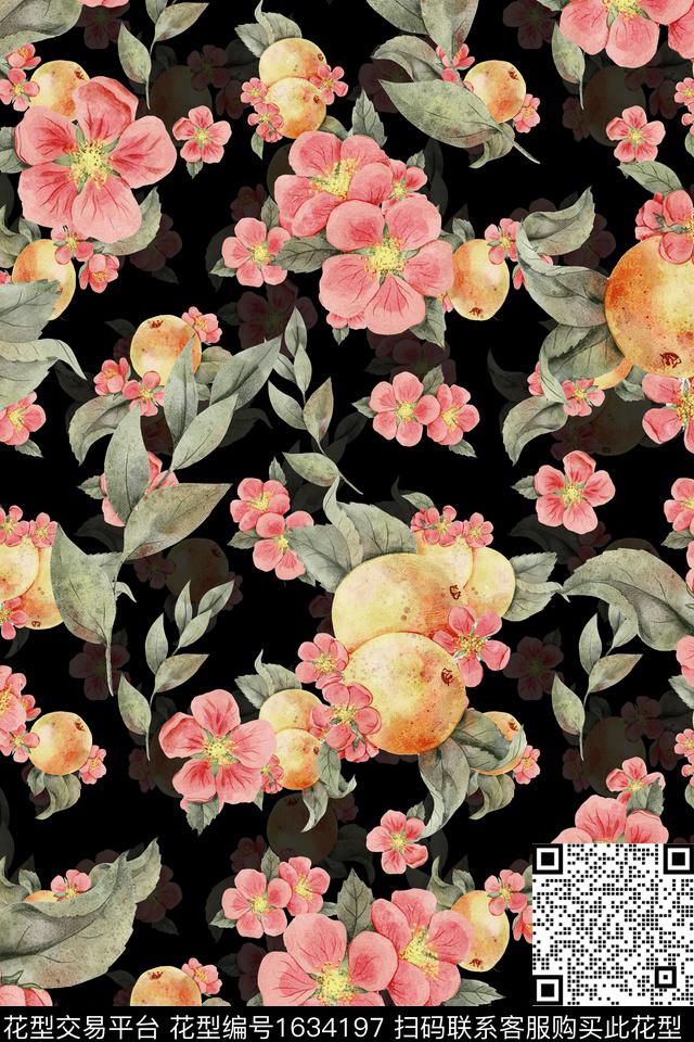 花卉黑底花卉影花数码印花华亿平台下载（图片编号: 1634197） - 瓦栏（Walan）
