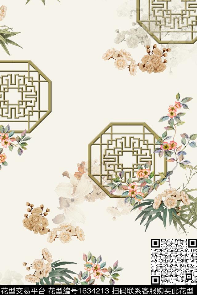 中国风花卉窗花数码印花华亿平台下载（图片编号: 1634213） - 瓦栏（Walan）