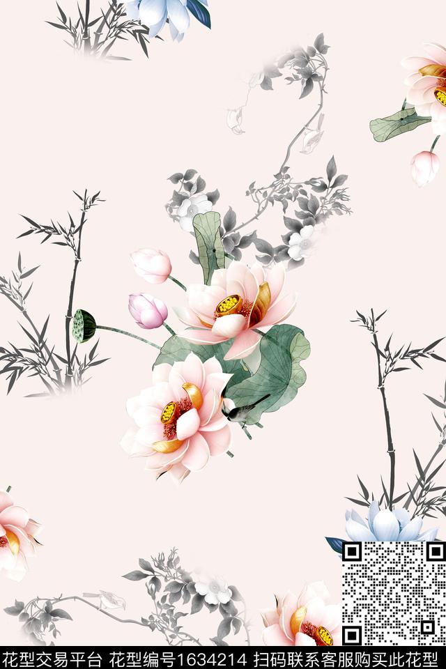 中国风花卉荷花数码印花华亿平台下载（图片编号: 1634214） - 瓦栏（Walan）