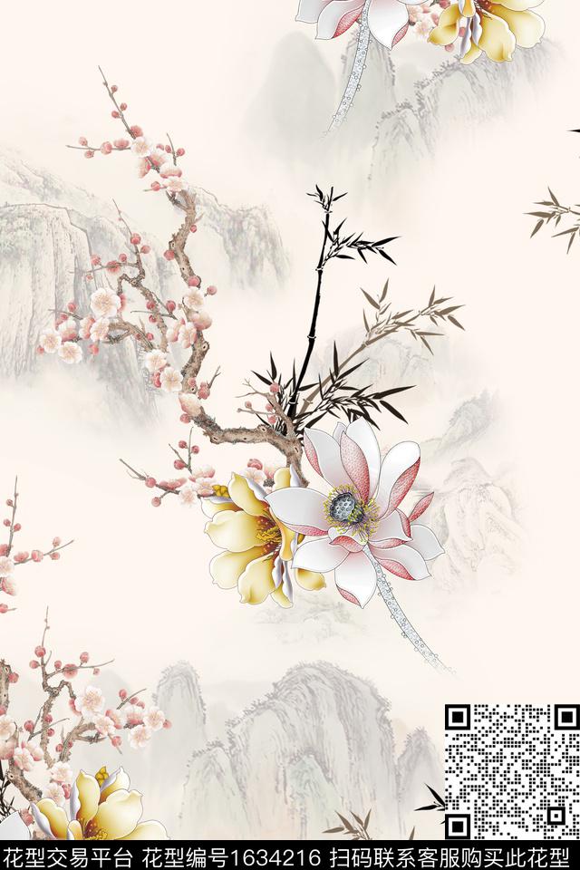 花卉中国风山水数码印花华亿平台下载（图片编号: 1634216） - 瓦栏（Walan）