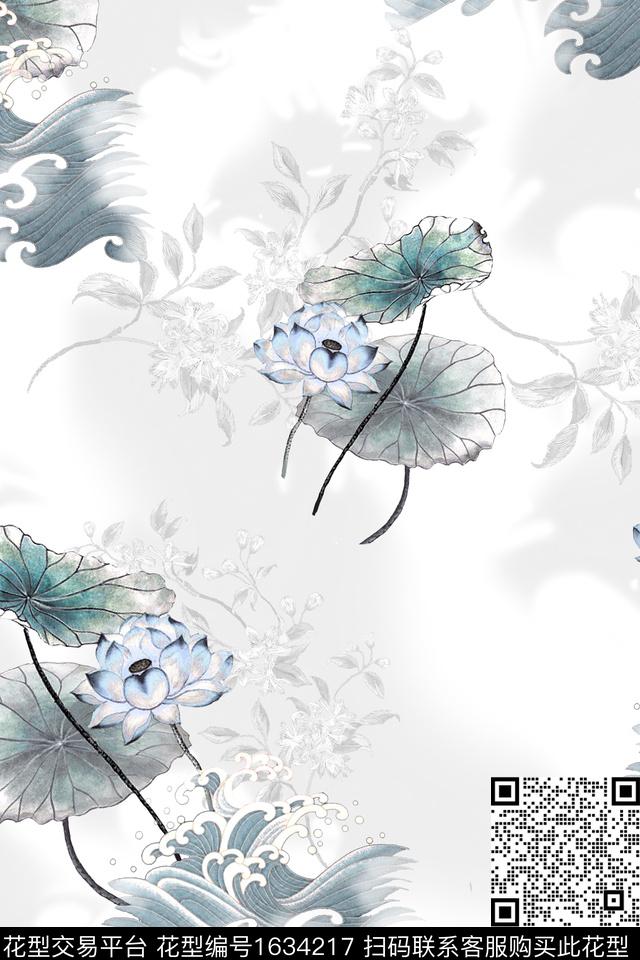 中国风荷花跳接数码印花华亿平台下载（图片编号: 1634217） - 瓦栏（Walan）