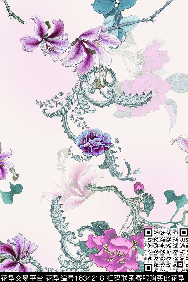 花卉跳接影花数码印花华亿平台下载（图片编号: 1634218） - 瓦栏（Walan）