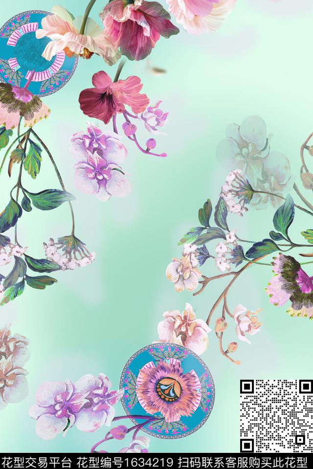 花卉跳接民族纹样数码印花华亿平台下载（图片编号: 1634219） - 瓦栏（Walan）