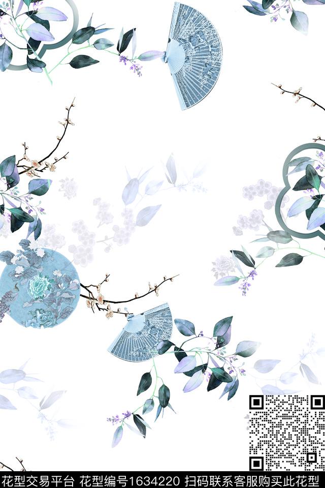 花卉中国风扇子数码印花华亿平台下载（图片编号: 1634220） - 瓦栏（Walan）
