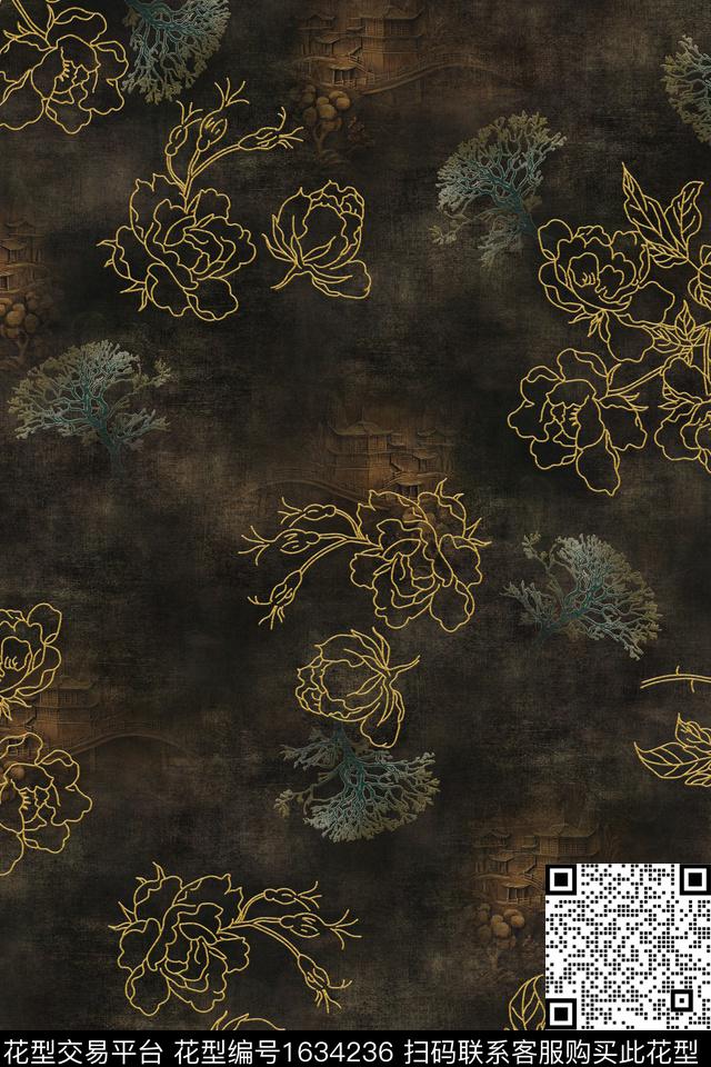 中老年中国风线条花数码印花华亿平台下载（图片编号: 1634236） - 瓦栏（Walan）