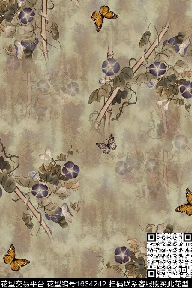 复古蝴蝶牵牛花数码印花华亿平台下载（图片编号: 1634242） - 瓦栏（Walan）