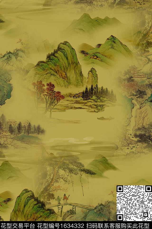 中国风山水国画数码印花华亿平台下载（图片编号: 1634332） - 瓦栏（Walan）