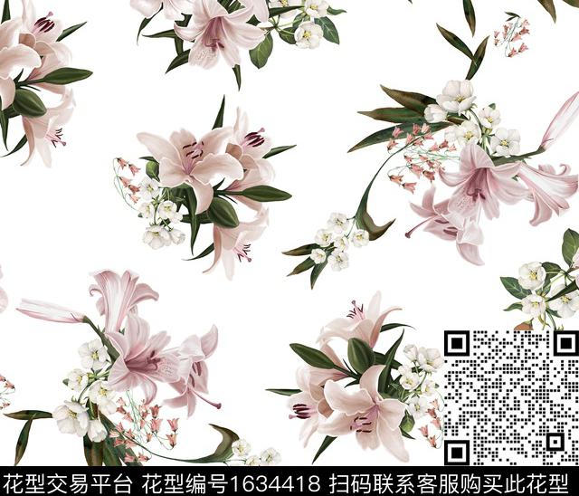 百合花卉白底花数码印花华亿平台下载（图片编号: 1634418） - 瓦栏（Walan）
