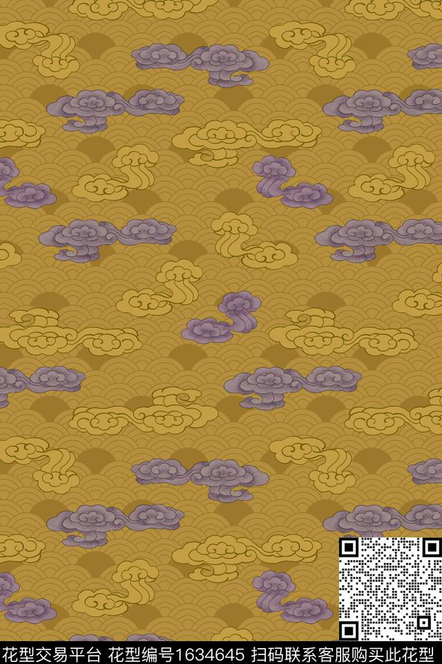 祥云中国风香云纱数码印花华亿平台下载（图片编号: 1634645） - 瓦栏（Walan）